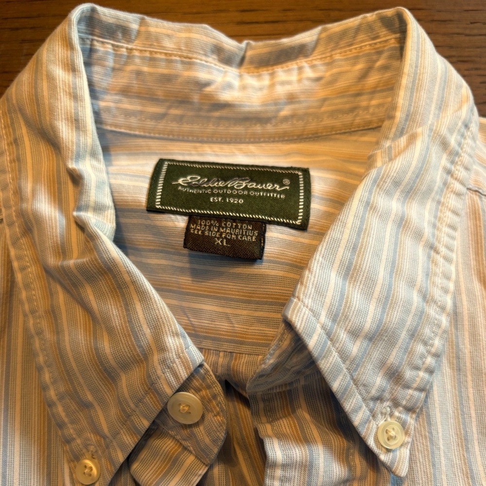 Eddie Bauer Mens XL Long Sleeve Striped Button Down Shirt Blue Tan Cotton Casual - Picture 2 of 5